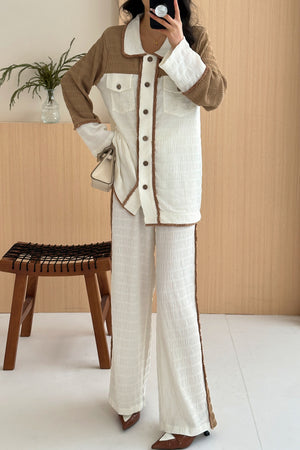 Macau textured suit with patchwork details