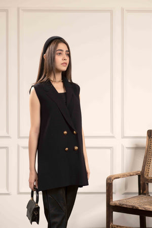 Hazal Sleeveless Coat Gold Button